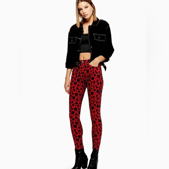 Topshop Pants - TOP SHOP JAMIE women’s high rise skinny jeans Red Black leopard prints 8 NWT